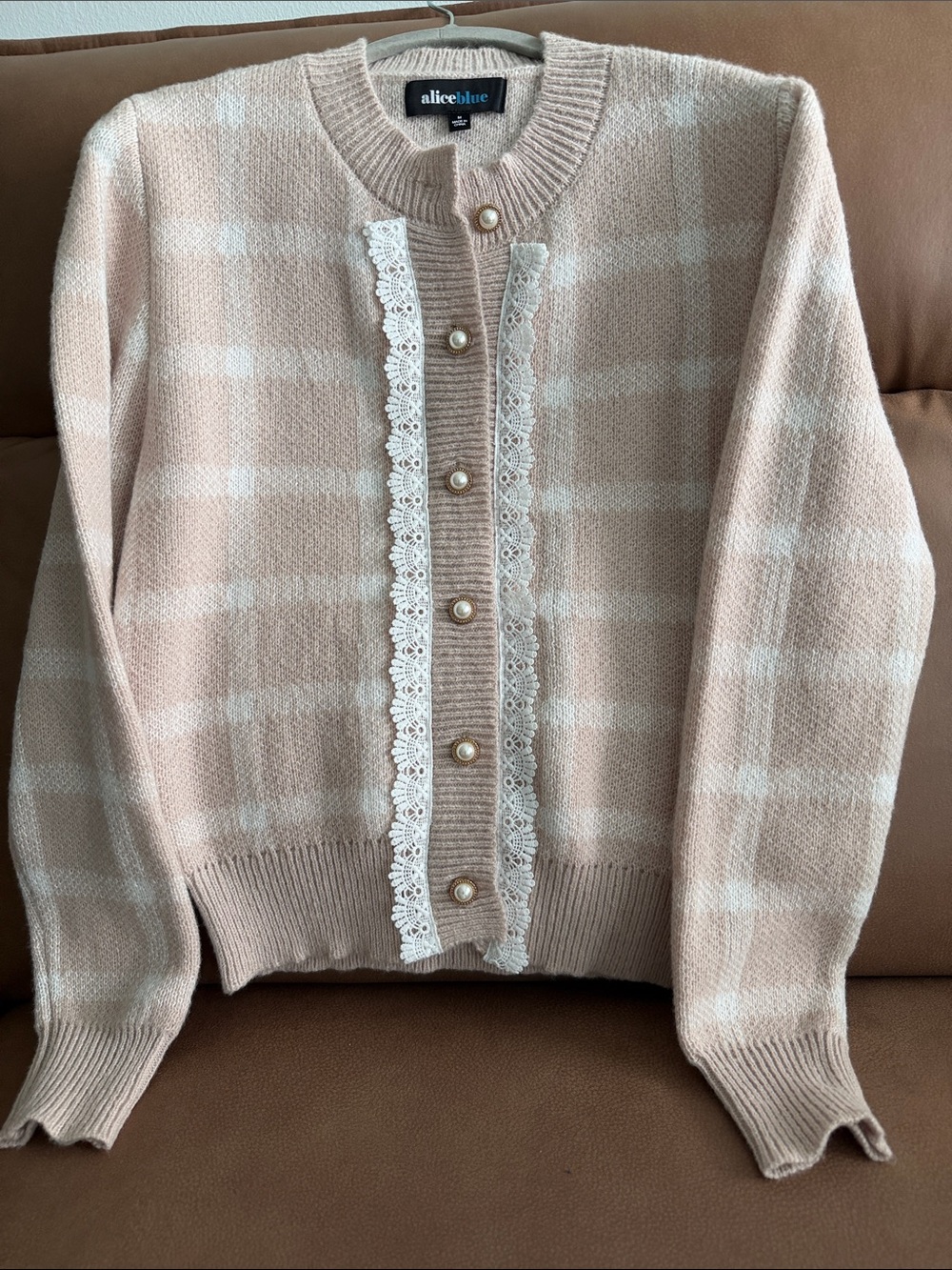 Alice Blue Pink Cream Plaid Lace-Trim Cardigan with Pearl Buttons NWOT